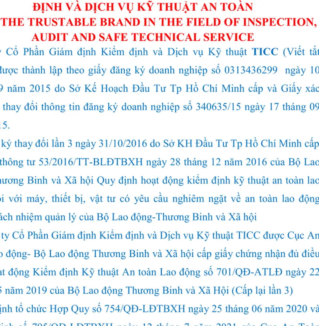 CÔNG TY CỔ PHẦN GIÁM ĐỊNH KIỂM ĐỊNH VÀ DỊCH VỤ KỸ THUẬT TICC HỒ SƠ NĂNG ...