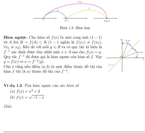 Hình 1.3: Hàm hợp Hàm ngược. Cho hàm số f (x) là một song ánh (1 − 1) từ A lên B = f (A) ⊂ R (1 − 1 nghĩa là f (x 1 ) 6= f (x 2 ), - Bài giảng Giải tích một biến phần 1