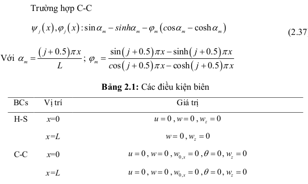 Bảng 2.1: Các điều kiện biên - Phân tích ứng xử của dầm composite sử dụng lý thuyết đàn hồi phi cục bộ
