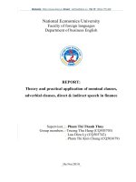 Theory and practical application of nominal clauses, adverbial clauses, direct & indirect speech in finance
