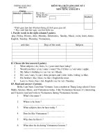 Đề kiểm tra chất lượng học kì I môn Tiếng Anh lớp 4