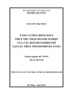Tăng cường kiểm soát thuế thu nhập doanh nghiệp của các doanh nghiệp FDI tại cục thuế thành phố đà nẵng 