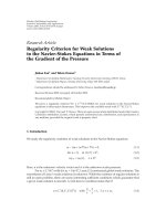 Báo cáo hóa học: " Research Article Regularity Criterion for Weak Solutions to the Navier-Stokes Equations in Terms of the Gradient of the Pressure" docx