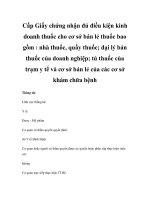 Cấp Giấy chứng nhận đủ điều kiện kinh doanh thuốc cho cơ sở bán lẻ thuốc bao gồm : nhà thuốc, quầy thuốc; đại lý bán thuốc của doanh nghiệp; tủ thuốc của trạm y tế và cơ sở bán lẻ của các cơ sở khám chữa bệnh pdf