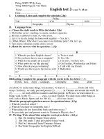 Đề kiểm tra 45 phút số 4-tiêng anh lớp 7