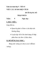 Giáo án toán lớp 5 - Tiết 43 : VIẾT CÁC SỐ ĐO DIỆN TÍCH DƯỚI DẠNG SỐ THẬP PHÂN ppt