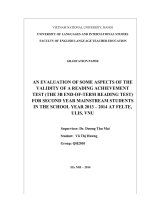 ĐÁNH GIÁ MỘT SỐ KHÍA CẠNH TRONG TÍNH GIÁ TRỊ CỦA MỘT BÀI THI HẾT HỌC PHẦN MÔN ĐỌC HIỂU (BÀI THI HẾT HỌC PHẦN MÔN ĐỌC TIẾNG ANH 3B) NĂM HỌC 2013 2014 DÀNH CHO SINH VIÊN NĂM THỨ HAI, HỆ ĐẠI TRÀ, KHOA SƯ PHẠM TIẾNG ANH, TRƯỜNG ĐẠI HỌC NGOẠI NGỮ, ĐẠI HỌC QUỐC