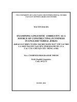examining linguistic ambiguity as a source of constructing funniness in english verbal jockes = khảo sát hiện tượng mơ hồ ngôn ngữ với vai trò là một nguồn tạo nên tính hài hước của các câu chuyện tếu tiếng anh