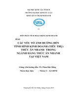 Các yếu tố ảnh hưởng đến tình hình kinh doanh (tiêu thụ) thức ăn nhanh trong ngành hàng thức ăn nhanh tại Việt Nam