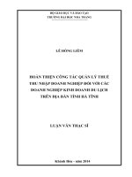 Hoàn thiện công tác quản lý thuế thu nhập doanh nghiệp đối với các doanh nghiệp kinh doanh du lịch trên địa bàn tỉnh Hà Tĩnh
