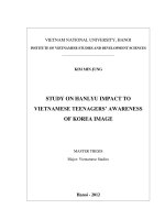 Study on HANLYU impact to Vietnamese teenagers' awareness of Korea image = Nghiên cứu ảnh hưởng của HANLYU tới nhận thức về hình ảnh thương hiệu Hàn Quốc của th16300820150227