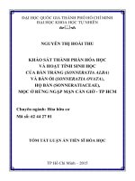 Khảo sát thành phần hóa học và hoạt tính sinh học của Bần trắng (Sonneratia alba) và Bần ổi (Sonneratia ovata), họ Bần (Sonneratiaceae), mọc ở rừng ngập mặn Cần Giờ, TP HCM - NCS. Nguyễn Thị Hoài Thu