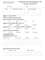 Đề kiểm tra cuối học kì 2 môn Toán lớp 3 năm học 2014-2015 trường Tiểu học Quảng Liên, Quảng Bình