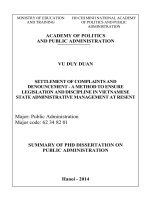 SETTLEMENT OF CONPLAINTS AND DENOUNCEMENT A METHOD TO ENSURE LEGISLATION AND DISCIPLINE IN VIETNAMESE STATE ADMINISTRATIVE MANAGEMENT AT RESENT
