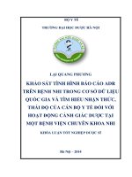 Khảo sát tình hình báo cáo ADR trên bệnh nhi trong cơ sở dữ liệu quốc gia và tìm hiểu nhận thức, thái độ của cán bộ y tế đối với hoạt động cảnh giác dược tại một số bệnh viện chuyên khoa nhi
