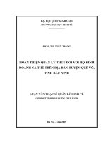 Hoàn thiện quản lý thuế đối với hộ kinh doanh cá thể trên địa bàn huyện Quế Võ, tỉnh Bắc Ninh  Luận văn ThS. Kinh doanh