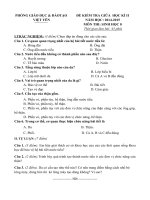 Đề thi giữa học kỳ 2 môn Sinh học lớp 8 huyện Việt Yên năm 2015