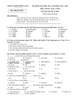 Đề thi học kỳ 1 lớp 8 huyện Bình Giang năm 2013 - 2014 _Tiếng Anh