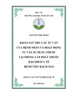 Khảo sát nhu cầu tư vấn của bệnh nhân và hoạt động tư vấn sử dụng thuốc tại phòng cấp phát thuốc bảo hiểm y tế, bệnh viện bạch mai