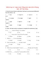 Đề thi học kì 1 lớp 6 môn Tiếng Anh năm 2014 Phòng GD - ĐT Tân Châu