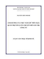 Luận văn thạc sĩ 2013 : Ảnh hưởng của việc nắm giữ tiền mặt , quản trị vốn luân chuyển đến giá trị công ty