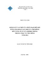 khảo sát vai trõ của phân đạm bón bổ sung giai đoạn sau khi lúa trổ bông đến năng suất lúa ir50404 trồng trong chậu vụ thu đông năm 2013