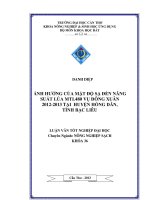 ảnh hưởng của mật độ sạ đến năng suất lúa mtl480 vụ đông xuân 20122013 tại huyện hồng dân, tỉnh bạc liêu