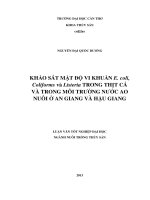 khảo sát mật độ vi khuẩn e. coli, coliforms và listeria trong thịt cá và trong môi trường nước ao nuôi ở an giang và hậu giang