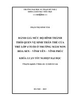 Đánh giá mức độ hình thành thói quen vệ sinh thân thể của trẻ lớp 4 tuổi ở trường mầm non Hoa Sen - Vĩnh Yên - Vĩnh Phúc (KL07343)