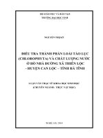 Điều tra thành phần loài tảo lục (Chlorophyta) và chất lượng nước ở hồ nhà Đường xã Thiên Lộc  huyện Can Lộc  tỉnh Hà Tĩnh
