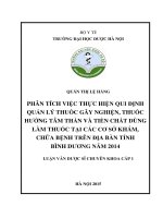 Phân tích việc thực hiện qui định quản lý thuốc gây nghiện, thuốc hướng tâm thần và tiền chất dùng làm thuốc tại cơ sở khám, chữa bệnh trên địa bàn tỉnh Bình Dương năm 2014