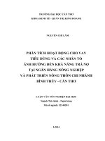 phân tích hoạt động cho vay tiêu dùng và các nhân tố ảnh hưởng đến khả năng trả nợ tại ngân hàng nông nghiệp và phát triển nông thôn chi nhánh bình thủy, cần thơ