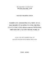 Nghiên cứu ảnh hưởng của thức ăn và mật độ đến tỷ lệ sống và tăng trưởng của cá lăng vàng (mystus nemurus) nuôi lồng trê
