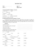 Đề kiểm tra Tiếng Anh lớp 6 trường THCS Đoàn Thị Điểm, Phú Yên (test 1)