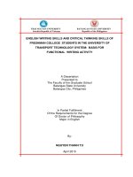 English writing skills and critical thinking skills of freshman college students in the university of transport technology system basis for functional writing activity