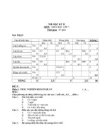 Đề thi lớp 7 học kì 2 môn sinh học năm 2012 đề số 15