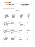 Đề thi học kỳ 2 môn Tiếng Anh lớp 8 trường THCS Cảnh Hóa, Quảng Bình năm học 2015 - 2016