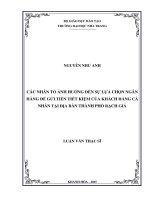 Các nhân tố ảnh hưởng đến sự lựa chọn ngân hàng để gửi tiền tiết kiệm của khách hàng cá nhân tại địa bàn thành phố rạch giá 