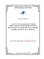 CÁC YẾU TỐ TÁC ĐỘNG ĐẾN Ý ĐỊNH  CHỌN CƠ QUAN HÀNH CHÍNH NHÀ NƯỚC  ĐỂ LÀM VIỆC CỦA SINH VIÊN Ở CÁC TRƯỜNG ĐẠI HỌC TẠI LONG AN VÀ TP.HCM.