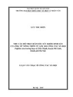 Nhu cầu hỗ trợ chăm sóc sức khỏe sinh sản của phụ nữ nông thôn từ góc độ công tác xã hội (nghiên cứu trường hợp xã tiến thịnh, huyện mê linh, thành phố hà nội) 