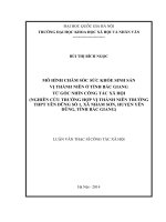 Mô hình chăm sóc sức khỏe sinh sản vị thành niên ở tỉnh bắc giang từ góc nhìn công tác xã hội ( nghiên cứu trường hợp trường THPT yên dũng số 1, xã nham sơn, huyện yên dũng, tỉnh bắc giang) 
