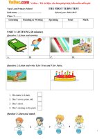 Đề thi học kỳ 1 môn tiếng Anh lớp 3 trường TH Ngọc Lâm, Hà Nội năm học 2016 - 2017 có đáp án