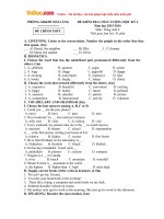 Đề thi học kỳ 1 môn tiếng Anh lớp 6 huyện Hải Lăng, Quảng Trị năm học 2015  2016 