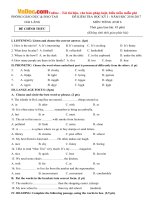 Đề thi học kỳ 1 môn Tiếng Anh lớp 6 huyện Hải Lăng, Quảng Trị năm học 2016  2017 có đáp án