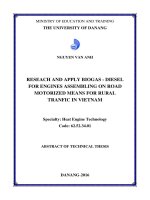 RESEACH AND APPLY BIOGAS   DIESEL FOR ENGINES ASSEMBLING ON ROAD MOTORIZED MEANS FOR RURAL TRANFIC IN VIETNAM 