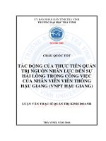 TÁC ĐỘNG CỦA THỰC TIỄN QUẢN TRỊ NGUỒN NHÂN LỰC ĐẾN SỰ HÀI LÒNG TRONG CÔNG VIỆC CỦA NHÂN VIÊN VIỄN THÔNG HẬU GIANG ( VNPT HẬU GIANG)  - Châu Quốc Tốt