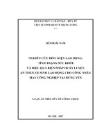 Nghiên cứu điều kiện lao động, tình trạng sức khỏe và đánh giá hiệu quả biện pháp huấn luyện an toàn  vệ sinh lao động cho công nhân may công nghiệp tại Hưng Yên (LA tiến sĩ)