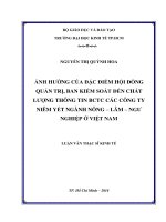 Ảnh hưởng của đặc điểm hội đồng quản trị, ban kiểm soát đến chất lượng thông tin báo cáo tài chính các công ty niêm yết ngành nông – lâm – ngư nghiệp ở việt nam 