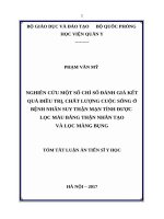 Nghiên cứu một số chỉ số đánh giá kết quả điều trị, chất lượng cuộc sống ở bệnh nhân suy thận mạn tính được lọc máu bằng thận nhân tạo và lọc màng bụng (TT)