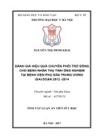 Đánh giá hiệu quả chuyển phôi trữ đông cho bệnh nhân thụ tinh ống nghiệm tại bệnh viện phụ sản trung ương giai đoạn 2012 2014 (tt) 